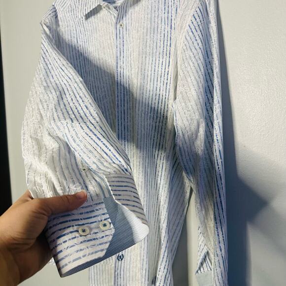 Bugatchi Uomo Blue White Floral Deisgn Classic Fit Collared Button Down Shirt XL - Picture 7 of 13